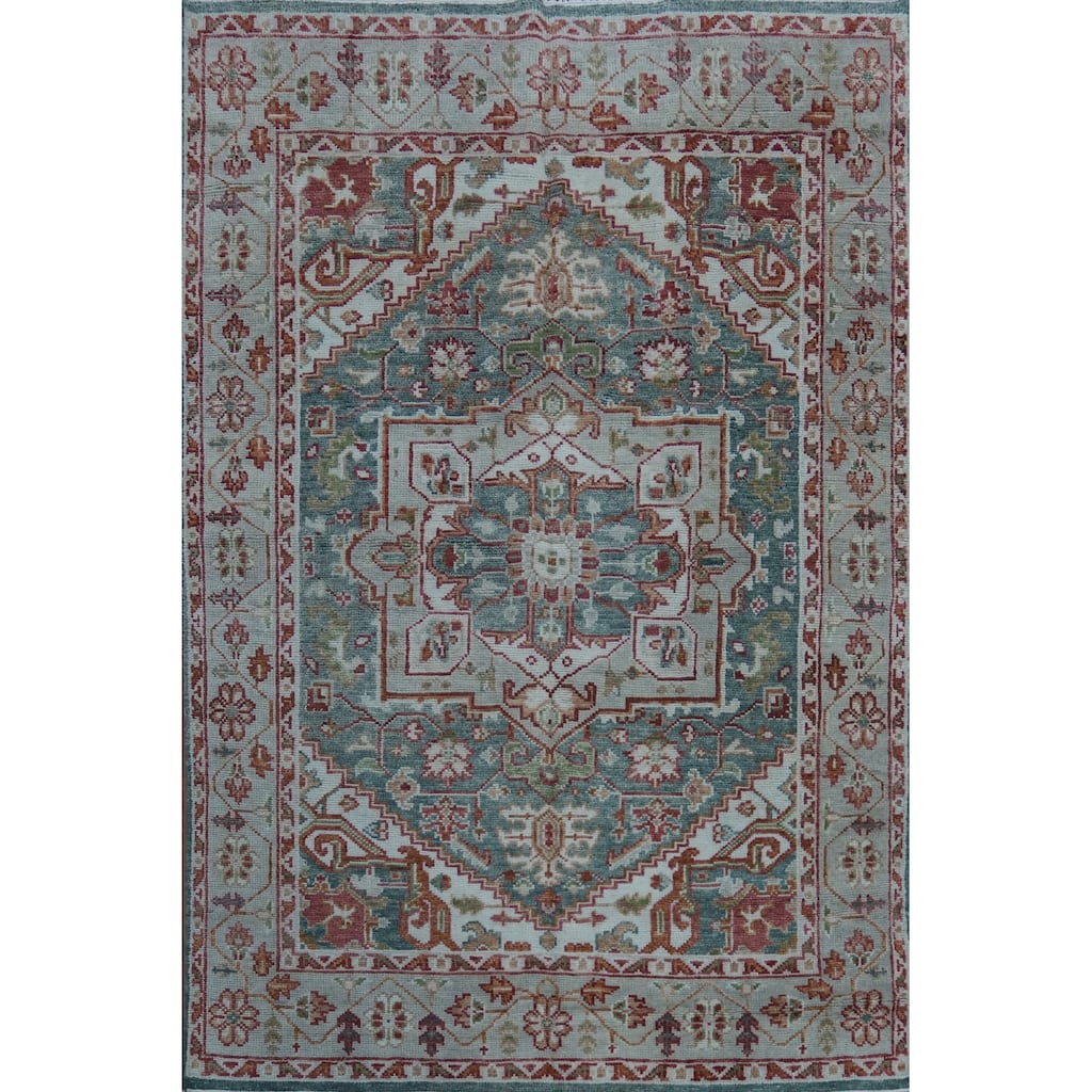 Hand Knotted Oriental 100% Wool Carpet Transitional Medallion Navy Blue & Blues Oushak Area Rug - 9' 11'' X 7' 8''