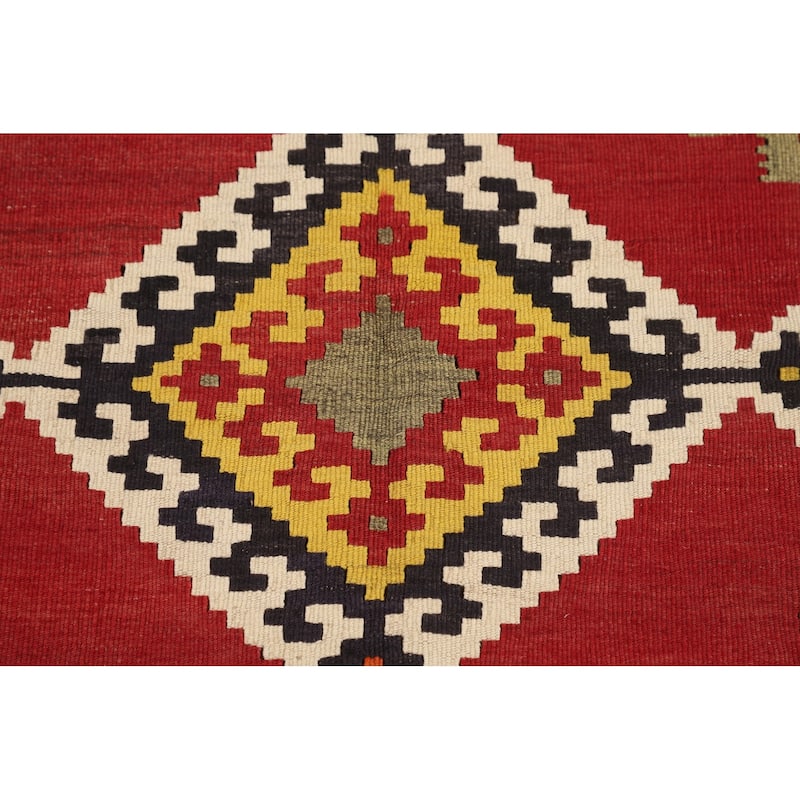 Kilim Qashqai Persian Vintage Rug Flatweave Oriental Red Wool Carpet - 5'0"x 8'2"