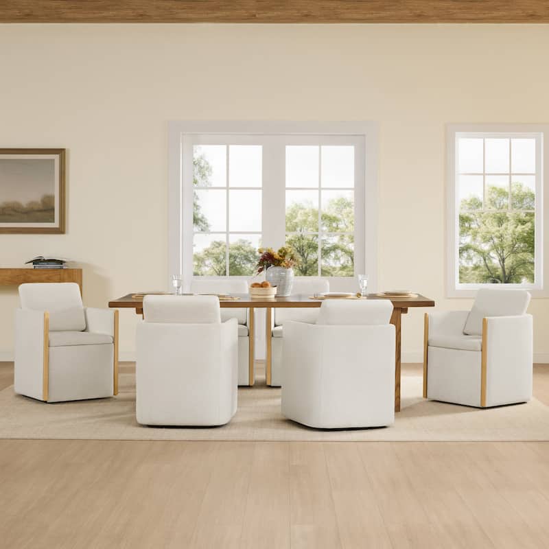 Spruce & Spring Modern Chenille Dining Chair with Casters, Wood Inlay & Hidden Storage - Set of 4 - White