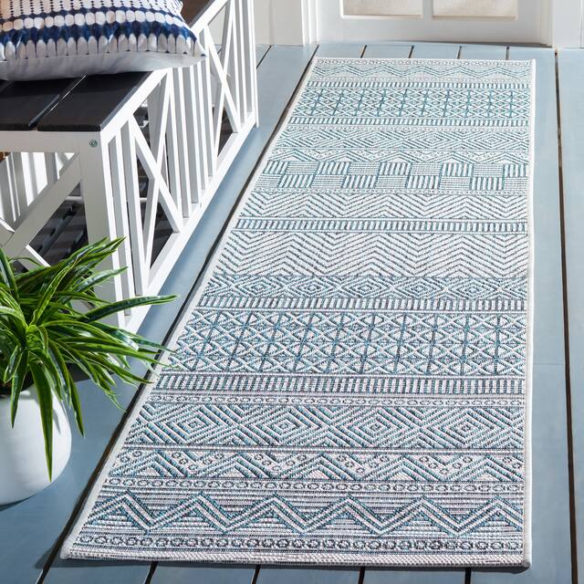 SAFAVIEH Courtyard Zorana Indoor/ Outdoor Waterproof Patio Backyard Rug - 2'3" x 8' - Ivory/Turquoise