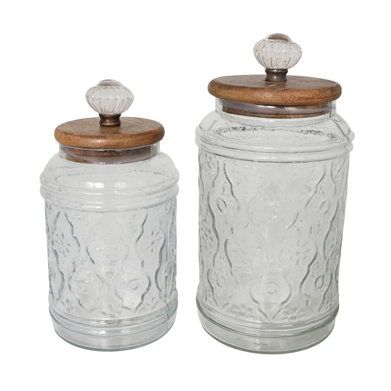 Clear Glass Floral Living Room Decorative Jars with Brown Wooden Lids and Antique Style Knobs (Set of 2)