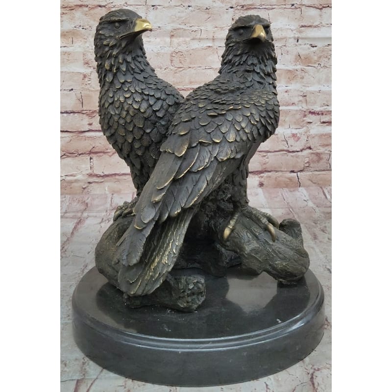 Two Juvenile American Bald Eagles Bronze Metal Statue Sculpture On Marble Base