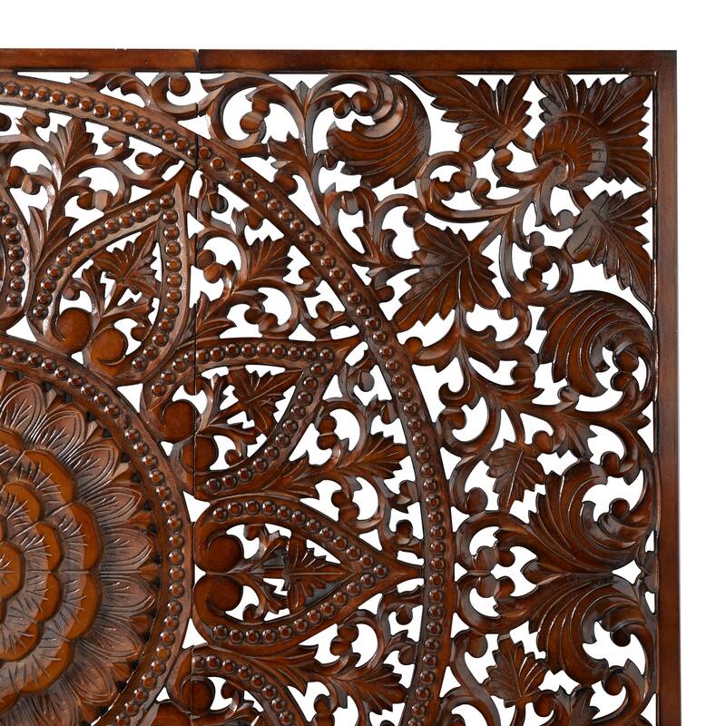 Wooden Handmade Intricately Carved Floral Wall Decor with Mandala Design (Set of 3) - Brown or White