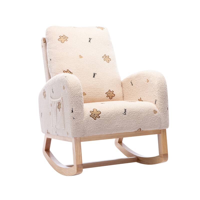 Upholstered High Back Wooden Rocking Chair, With Side Pocket Bed Bath