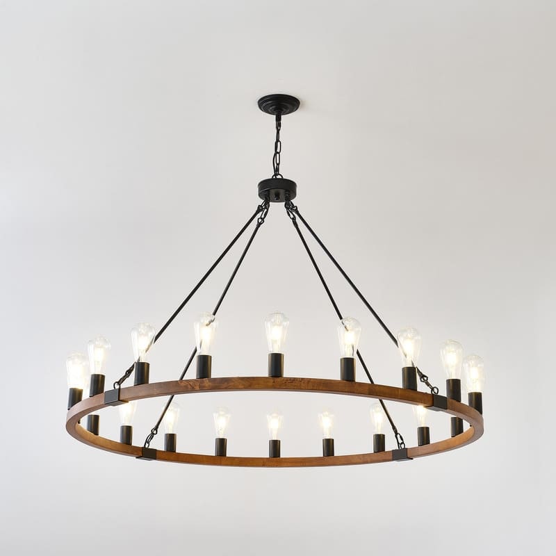 Farmhouse Wagon Wheel Chandelier - Rustic Wood & Metal Adjustable Pendant Light for Dining Rooms, Kitchens & Entryways