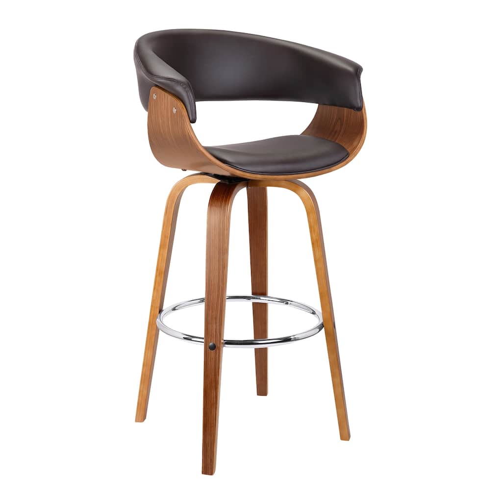 Mid-Century Modern 30 Inch Swivel Bar Stool with Walnut Wood Frame and Brown Faux Leather Upholstered Seat