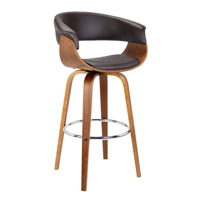 Mid-Century Modern 30 Inch Swivel Bar Stool with Walnut Wood Frame and Brown Faux Leather Upholstered Seat