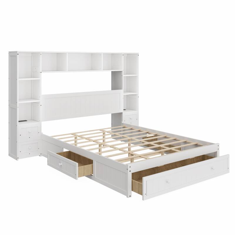 Queen Size Pine Wood Platform Bed with Nightstands, Storage, and Charging Stations