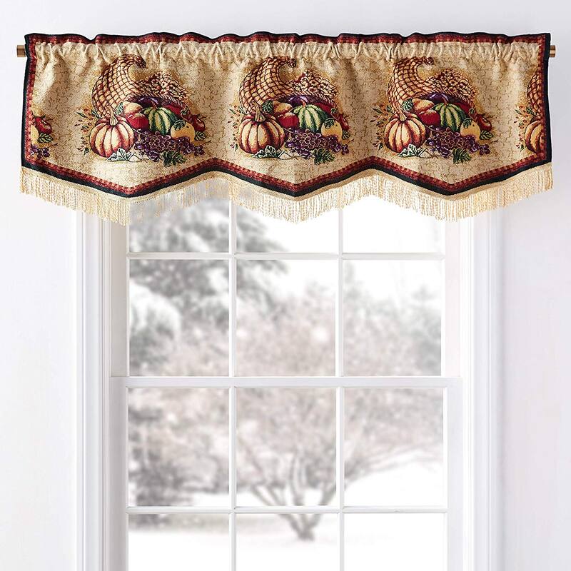 Violet Linen Fall Harvest Thanksgiving Autumn Leaves Pumpkins Tapestry, 60" x 15", Straight, Rod Pocket Curtain Valance
