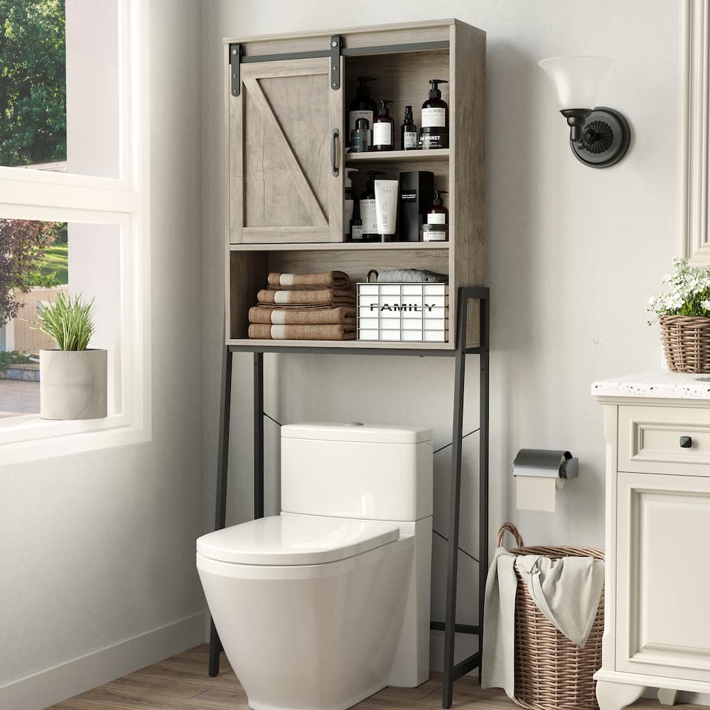 Over The Toilet Storage Cabinet, Bathroom Organizer with Sliding Barn Door & Adjustable Shelves, Storage Rack - See Picture