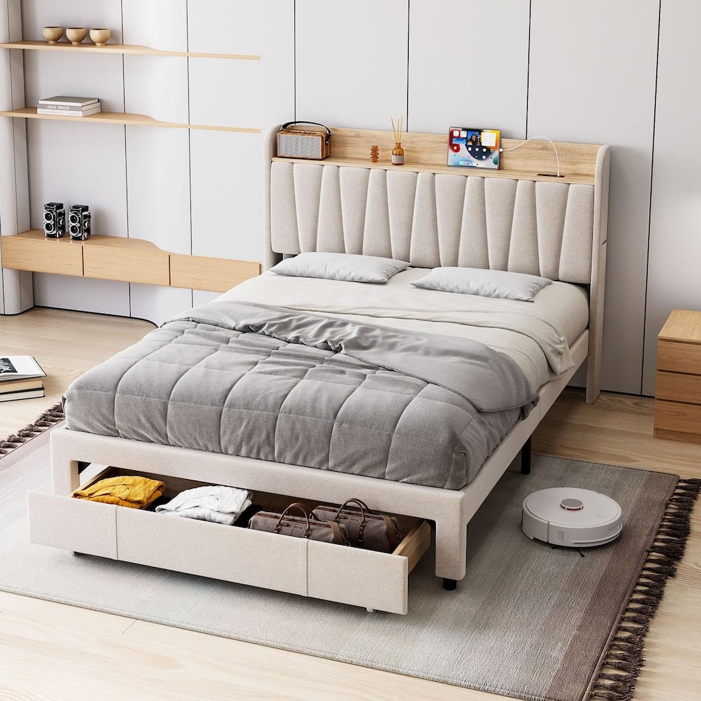 Upholstered Platform Bed with Storage Headboard, Drawer & Charging Station, Wood Slat Support