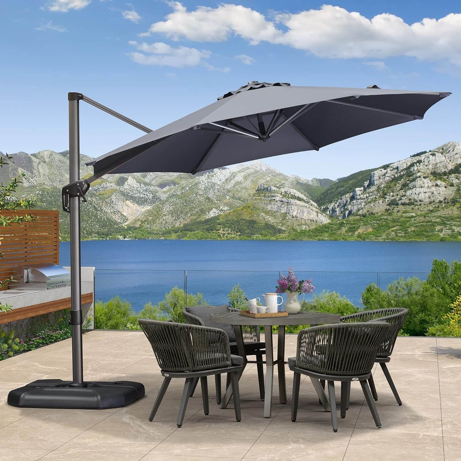 10 ft diameter patio umbrella Domi 10'x10' Cantilever Umbrella, Aluminum Windproof Outdoor with 360Rotation, Square Offset Sun Shade Umbrella for Outside Deck Backyard Garden Pool, Gray : Patio, Lawn & Garden counter weight needed purchase seperately KINGYES Fabric Color 10 Ft. Round Steel Offset