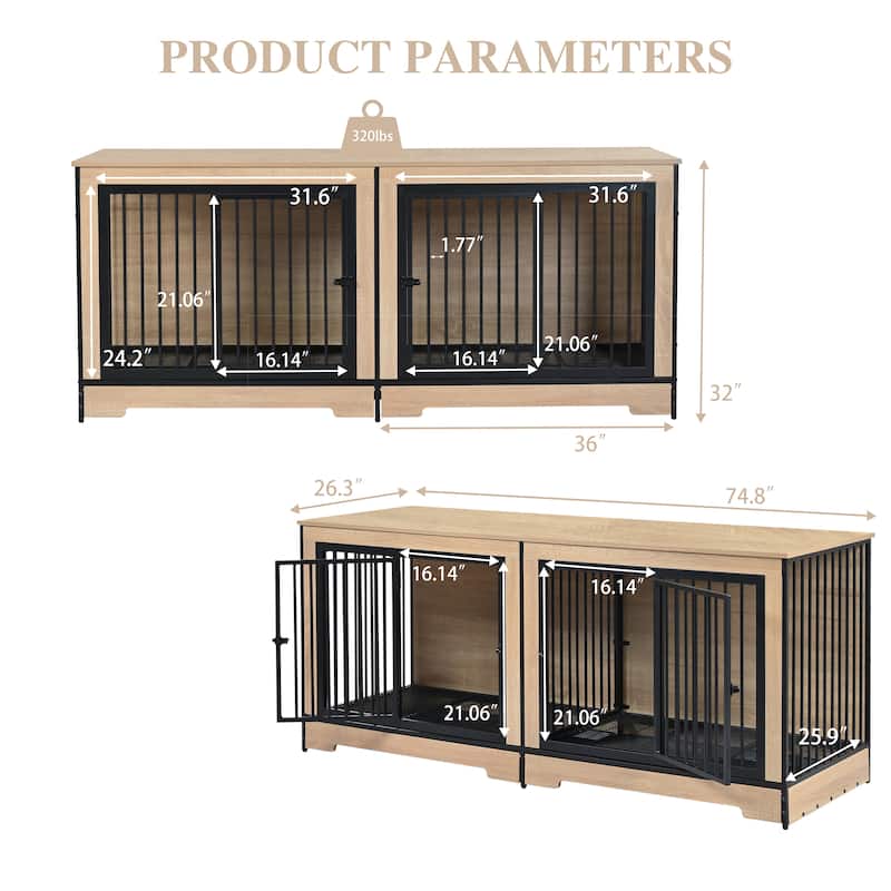 75'' Double Dog Crate Furniture, Extra Large Heavy Duty Dog Crates End Table, Wooden Dog Kennel with Removable Tray & Divider