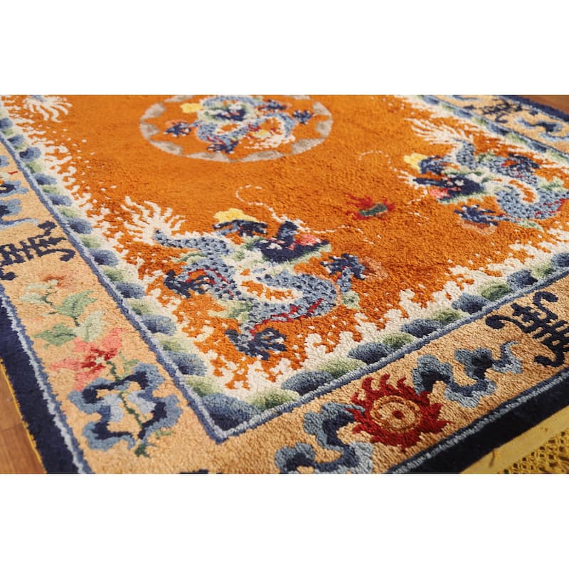 Hand Knotted Oriental Silk Carpet Traditional Medallion Oranges & Rust Art Deco Area Rug - 6' 2'' X 4' 0''