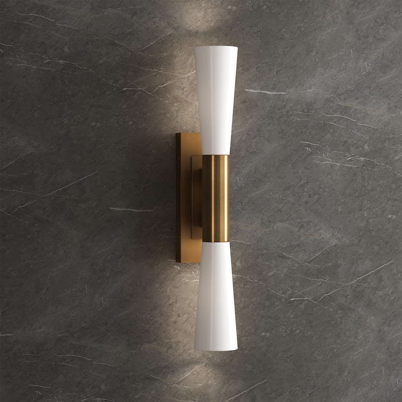 21.7-Inch Modern Gold Wall Sconce with Acid-etched Glass Shades, Up and Down Lighting - 4.3'' W × 5.5'' D × 21.7'' H - Cream