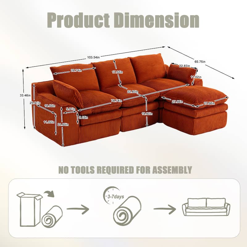 L Shaped Sectional Sofa Corduroy Upholstered Boneless Couches with Movable Footstool, With Three Pillows and Two Lumbar Pillows