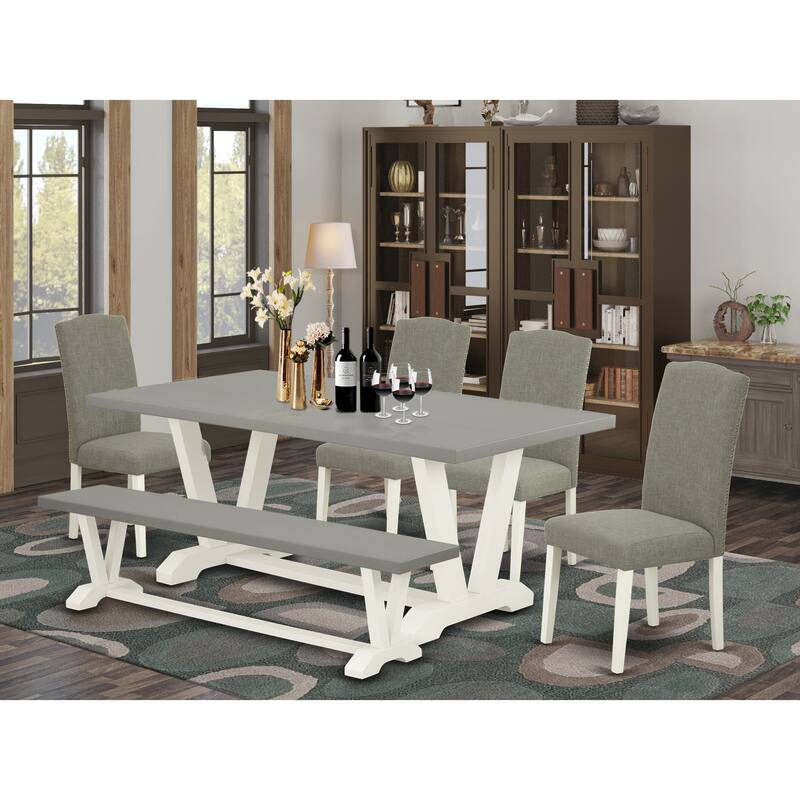 East West Furniture Dining Table Set- a Dining Table and Dark Shitake Linen Fabric Chairs, Linen White(Pieces Options)