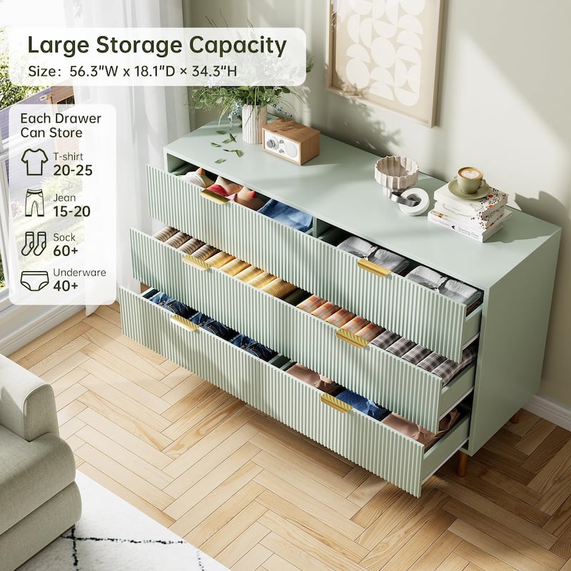 6 Drawer Dresser for Bedroom with Gold Handles, Modern Wooden Chest of Drawers
