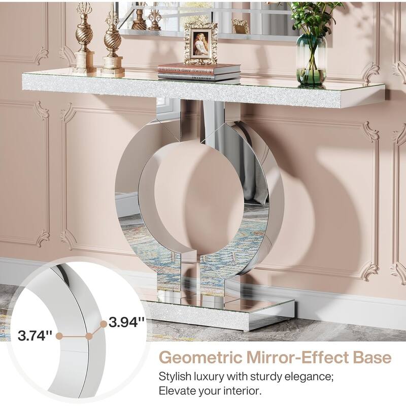 43"Modern Mirrored Console Table with O-Shaped Base, Silver Glass Entryway Table-Accent Sofa Table with Acrylic Diamond Veneer