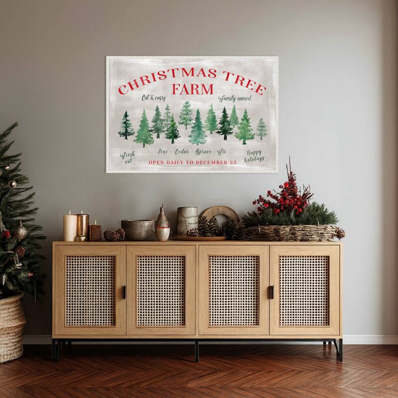 Christmas Tree Farm Sign by Rosana Laiz Blursbyai Framed Canvas Wall Art Print - Sylvie Beaded White