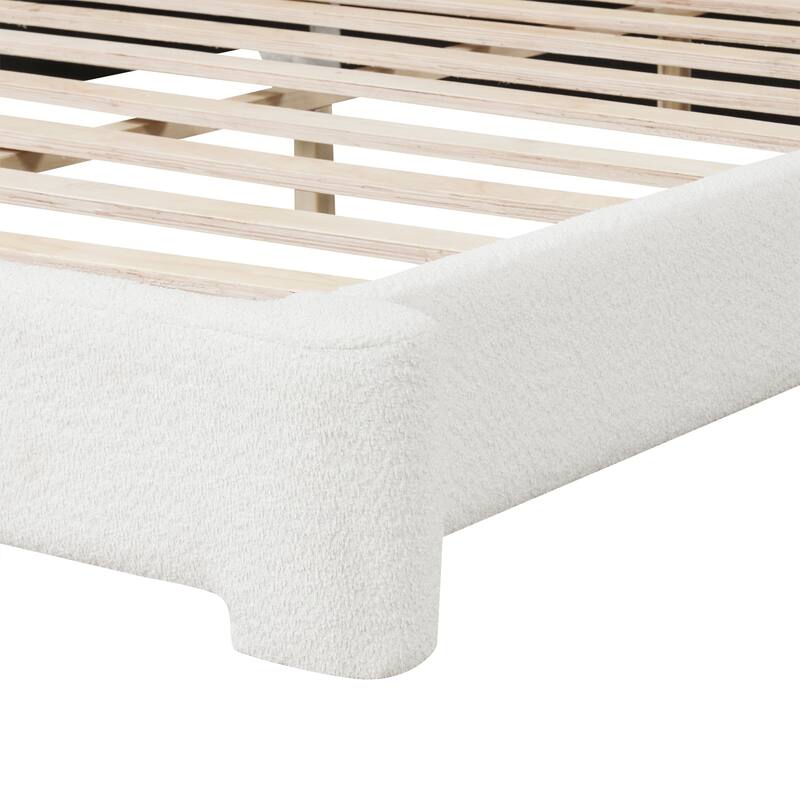 Roomfitters Boucle Upholstered Bed Frame with Birch Wood Slats, Modern Design, White