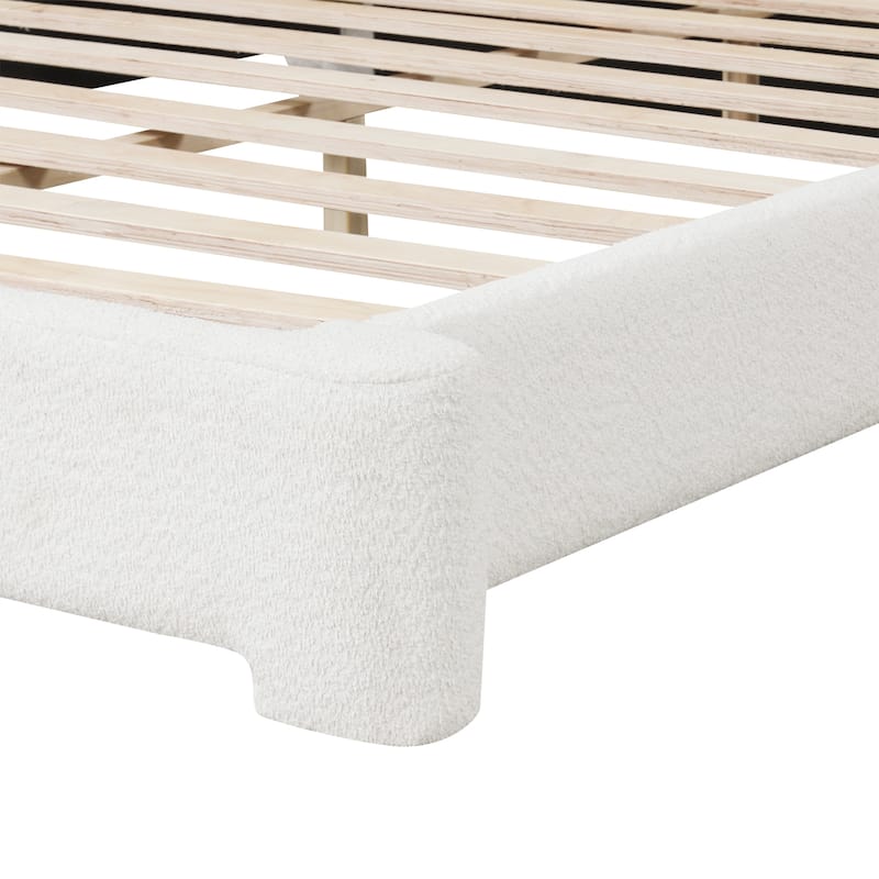 White Boucle Upholstered Bed Low Profile Bed with Headboard, Slat Support Platform Bed Birch Wood and Engineered Wood Framework