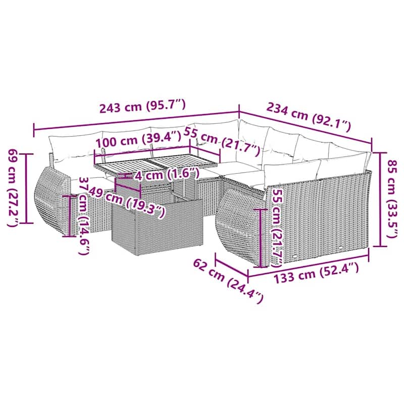 vidaXL Patio Sofa Set with Cushions Table and Lounge Sofas 9 Piece Poly Rattan - 21.7 x 39.4 x 28.7