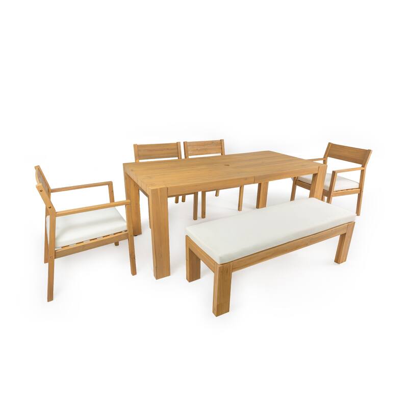 Outdoor Patio Dining Table Set for 6 - Person with Umbrella Hole Acacia Wood and Removable Cushions
