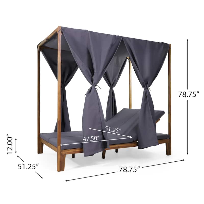 Kinzie Outdoor 2-seat Adjustable Acacia Daybed with Curtains by Christopher Knight Home - 51.25" L x 78.75" W x 78.75" H