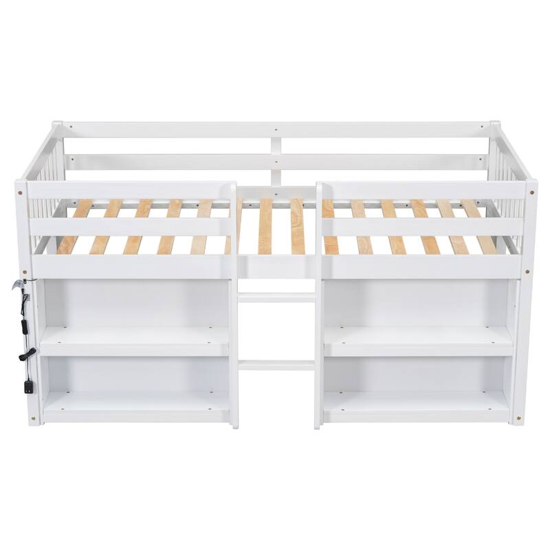 Twin Size Kids Low Loft Bed - Two-Tier Shelves & LED Light - Space-Saving Fun Design