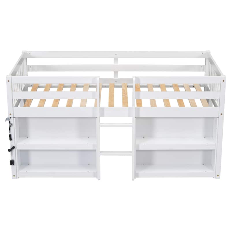 Twin Size Wood Low Loft Bed With Two-Tier Shelves and LED Light for Kids, Boys and Girls