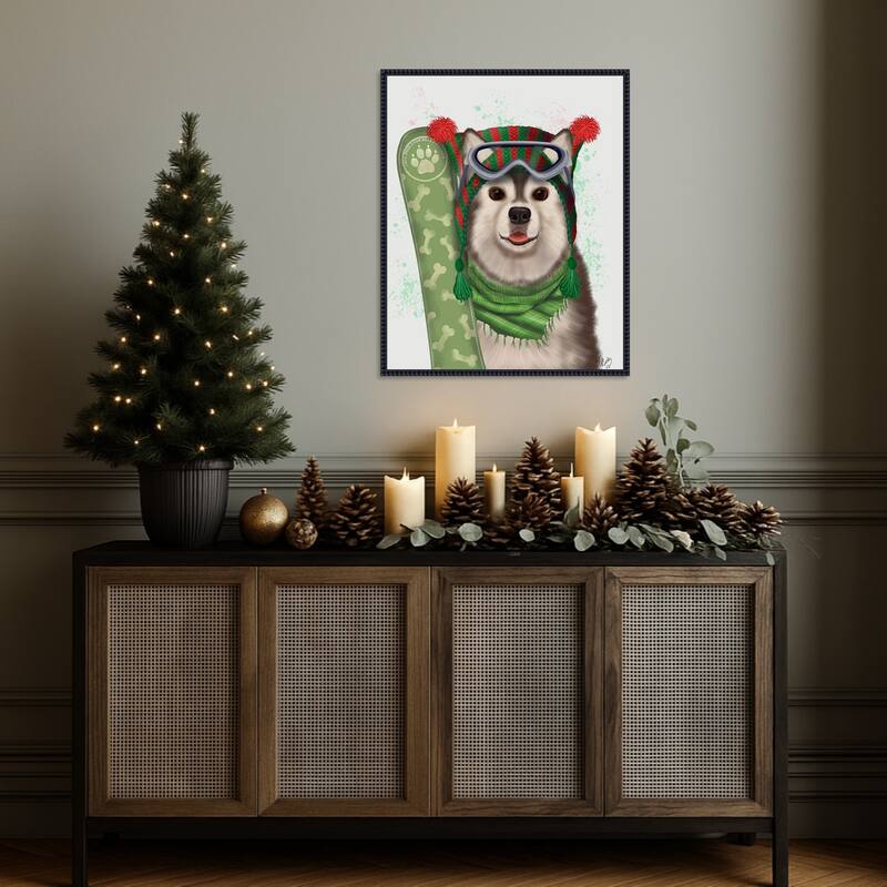 Christmas Husky Snowboard by Fab Funky (23 x 28 in.), Framed Canvas Wall Art Print - Sylvie Beaded Black