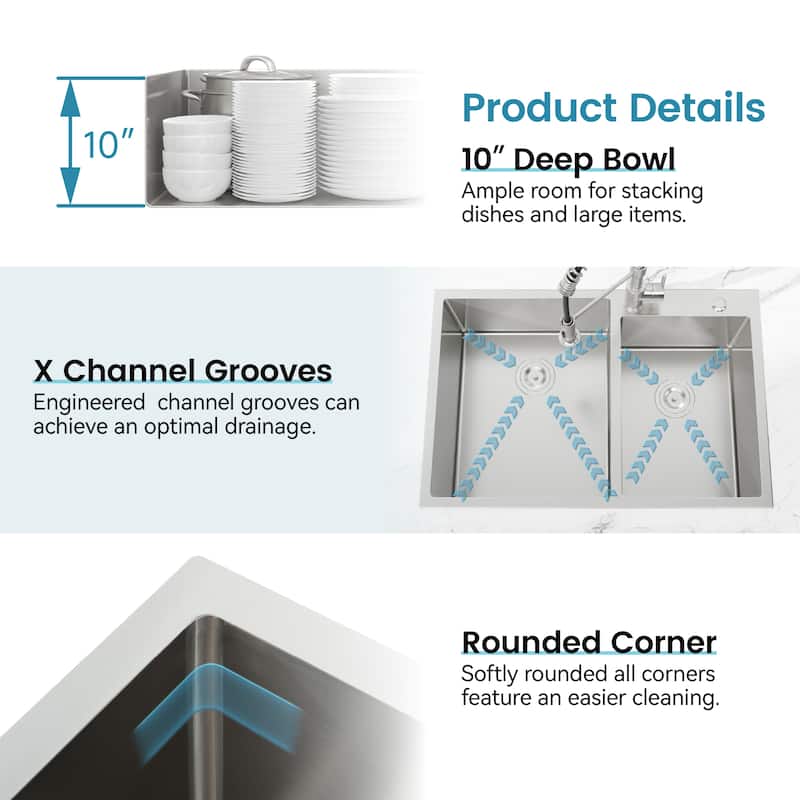 Embedded Double Bowl Kitchen Sink, Undermount Handmade Sink in Brushed (Sink only)
