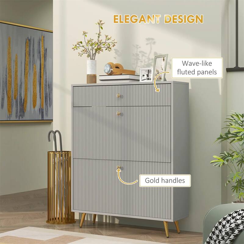 Modern Shoe Cabinet with Flip Storage Drawers and Gold Handles Adjustable Shelves for 12 Pairs - 31.5" W x 9.4" D x 40" H