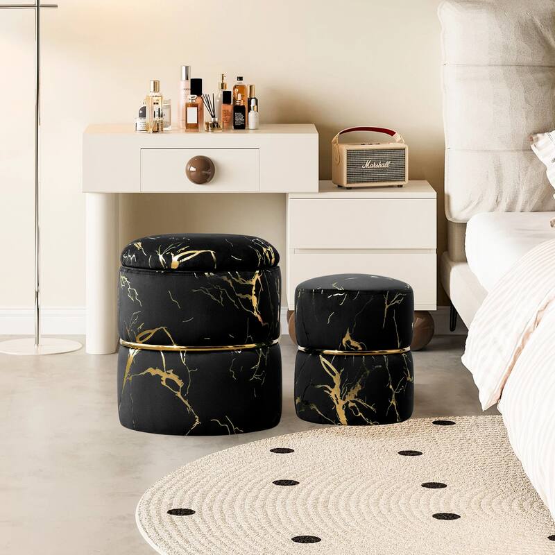 Round Ottoman Set of 2 with Storage,Sherpa Vanity Stool,Multifunctional Ottomans with Removable Lid, Foot Rest - Black