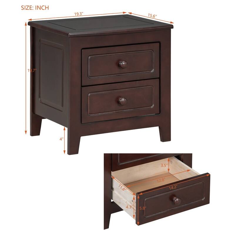 2-Drawer Nightstand for Bedroom, Mid Century Retro Bedside Table with Classic Design