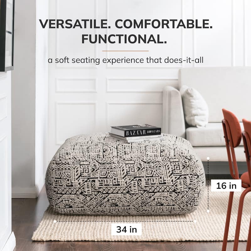 Jani Escondido 34-inch Gray & Ivory Oversized Pouf Ottoman - Stylish Footrest for Living Room, Bedroom