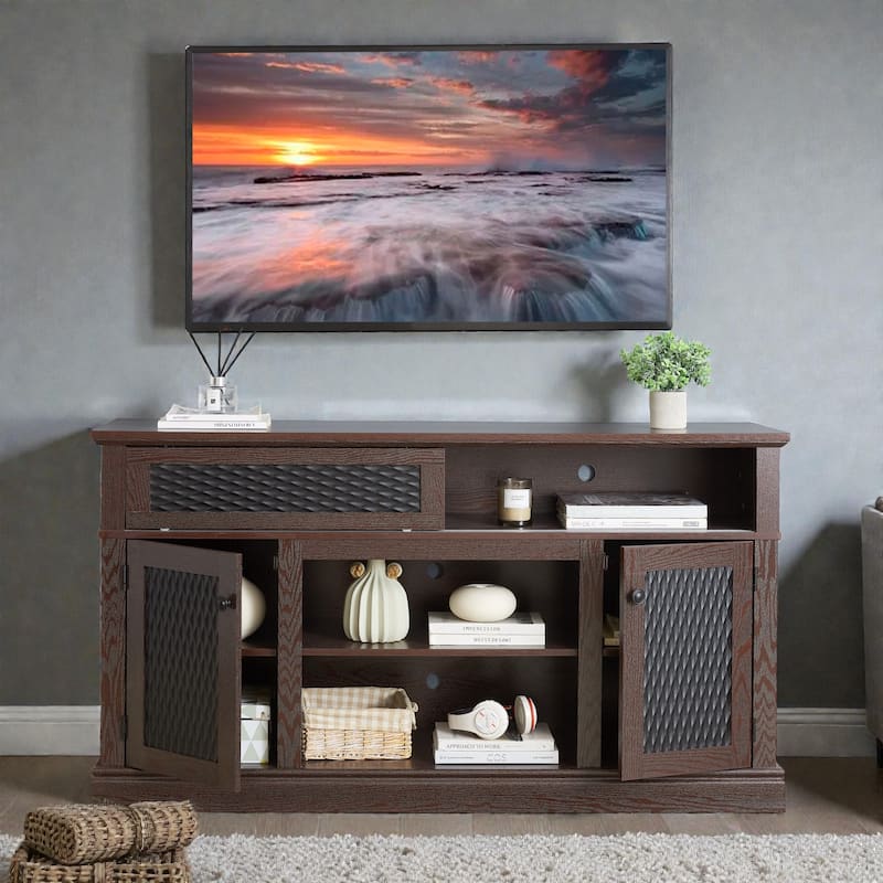 58 Inch Embossed Pattern TV Stand for TVs up to 65 Inch, Media Console with Sliding Door, Open Storage & Cable Management