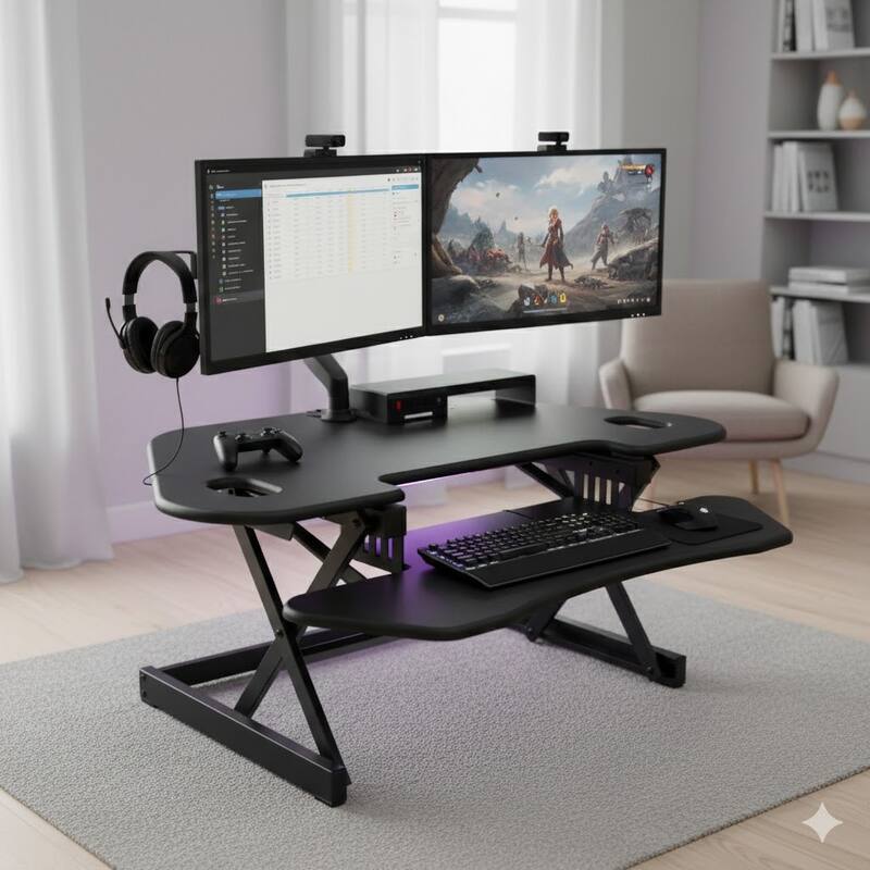 Rocelco 46 in. W Black Height Adjustable Corner Standing Desk Converter with Dual Monitor Stand and Extra Tray Platform
