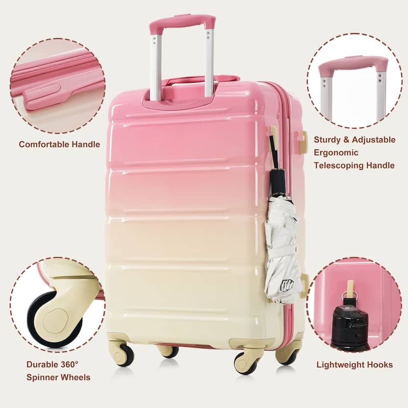 3-Piece, 20-Inch Modern Hard Shell Luggage with USB Port and Spinner Wheels, for Boarding Travel, Pink