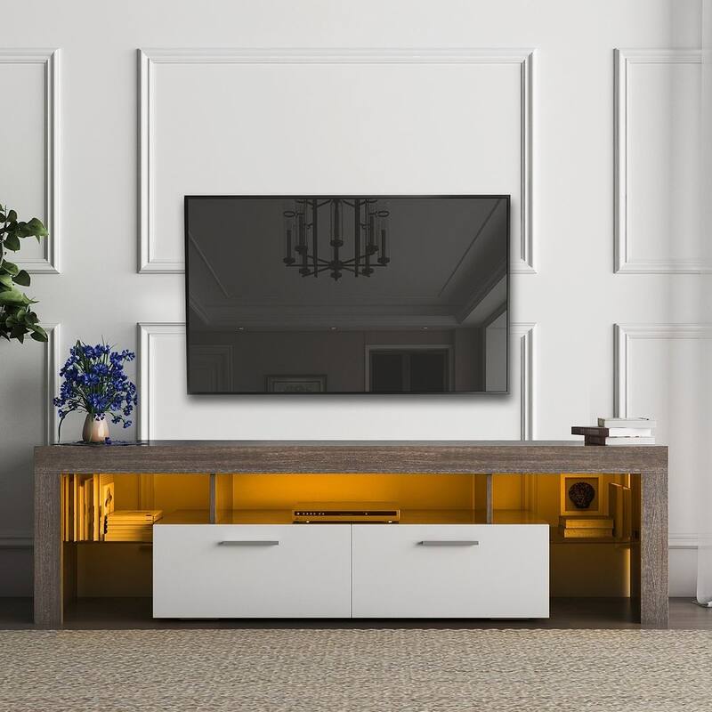 Brown & White TV Stand with LED Lights