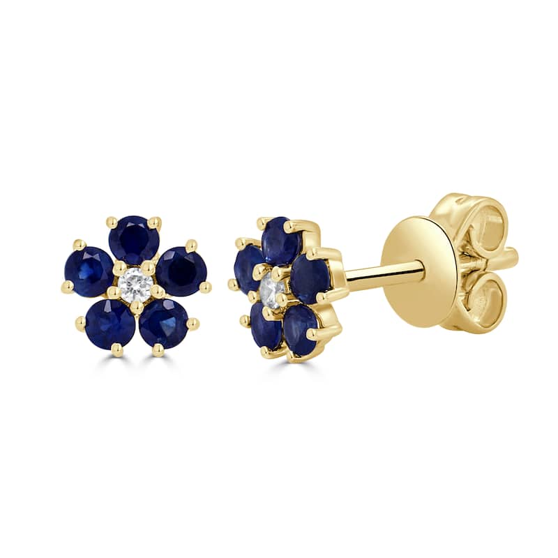 Joelle Collection Flower Stud Earring Sapphire & Diamond 14K Gold - Blue - Sapphire - Yellow
