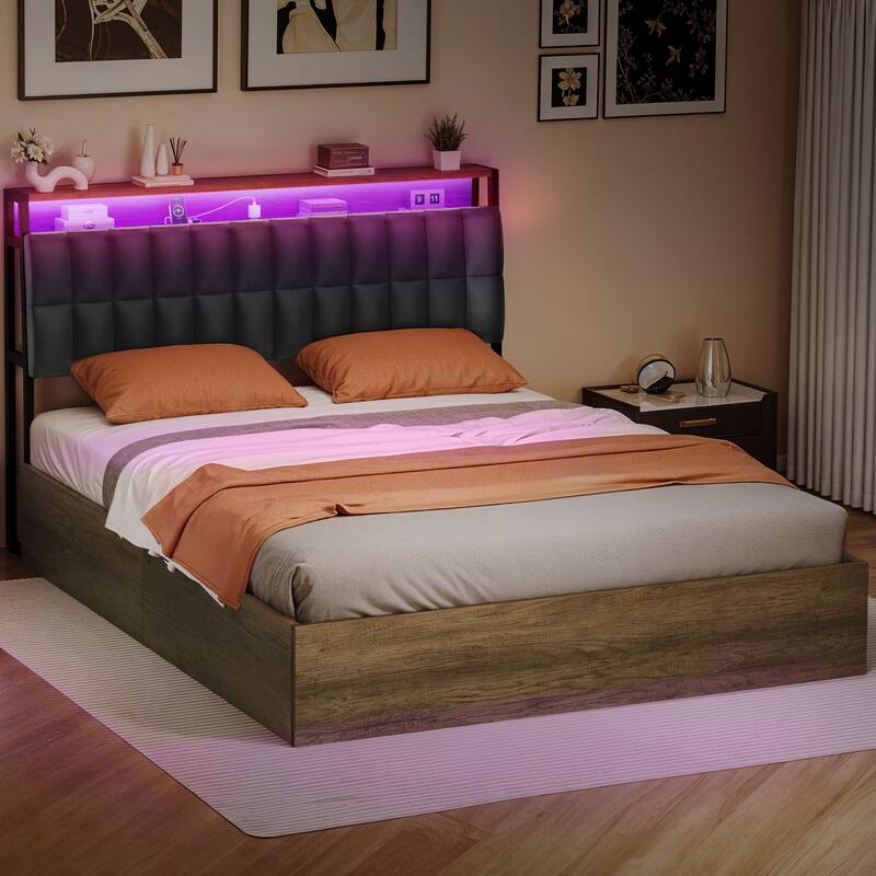 Moasis Lift-Up Storage Bed Frame with Charging Station & Storage Headboard