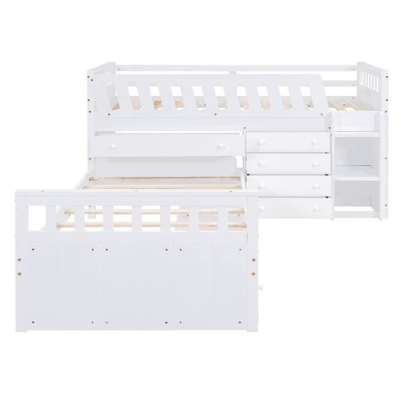 L-shaped Space-Saving Twin Loft and Twin Platform Bed with 7 Drawers and Full Guardrails-White