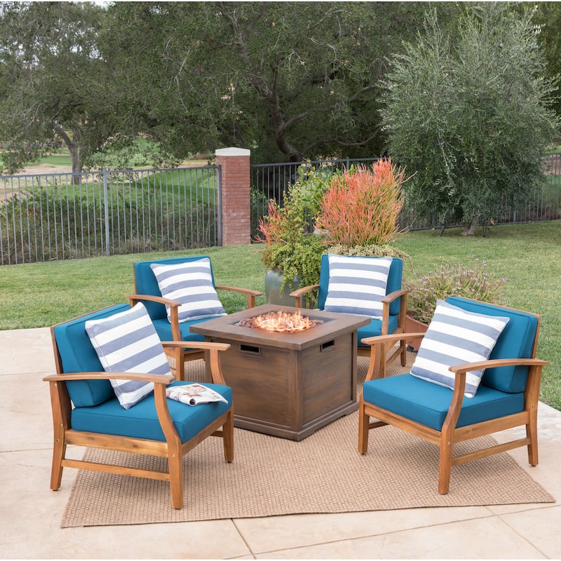 Havana Outdoor 4-seater Wood Chat Set with Fire Table by Christopher Knight Home - Brown+Blue