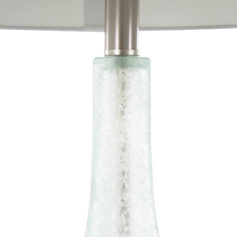 Teal Glass Textured Frosted Round Room Table Lamp with White Drum Shade and Silver Base