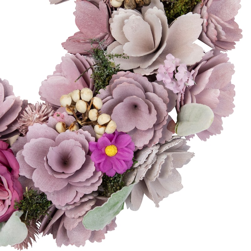 Wooden Floral Artificial Spring Wreath with Dried Foliage - 13.5" - Purple