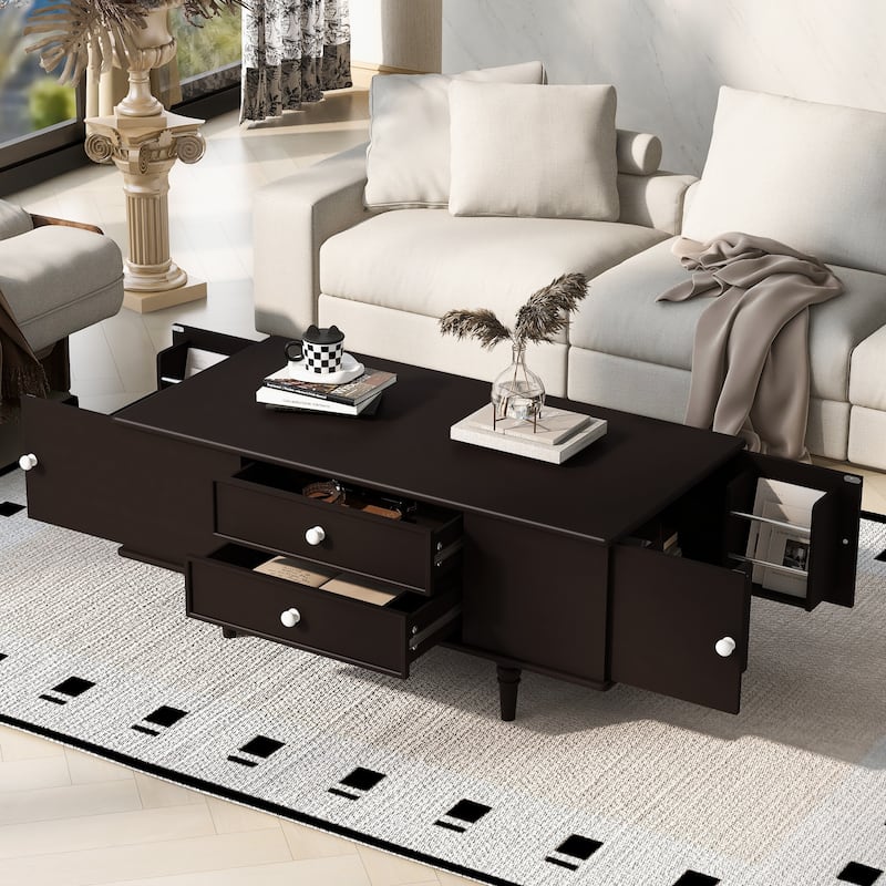 Rectangle Coffee Table With Four Drawers,Two Side Hidden Storage Compartments,47.2"Wood Coffee Table
