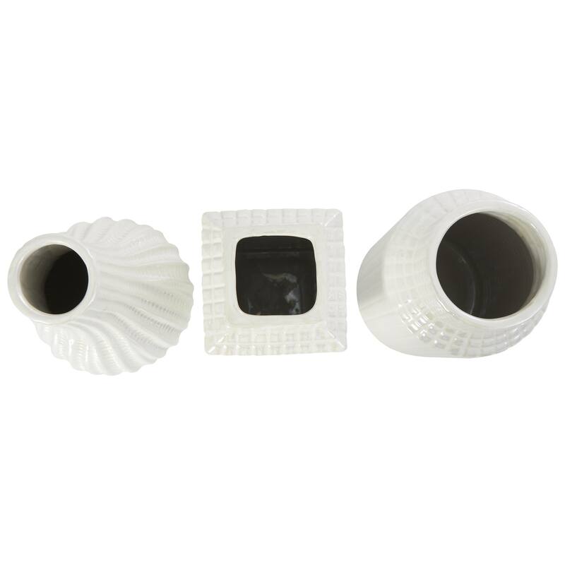 Ceramic Geometric Dimensional Textured Decorative Vase with Varying Shapes - Set of 3 Gold, Silver, Cream - Roche River Decor