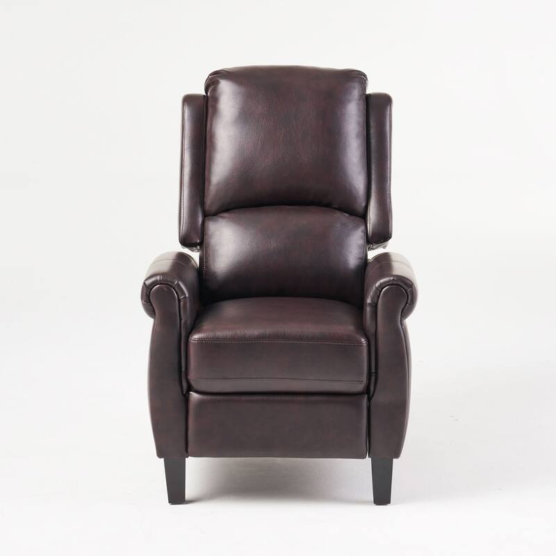 Roomfitters Faux Leather Push-Back Recliner Chair with Rolled Arms and Tapered Legs, Classic Lounger for Living Room, Dark Brown